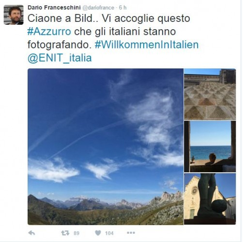 tweet di Dario Franceschini con immagini di cieli sereni italiani: “Ciaone a Bild. Vi accoglie questo #azzurro che gli italiani stanno fotografando. #WilkommenInItalien”