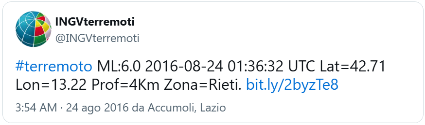 tweet di @INGVterremoti del 24 agosto 2016 con testo “#terremoto ML:6.0 2016-08-24 01:36:32 UTC Lat=42.71 Lon=13.22 Prof=4Km Zona=Rieti”