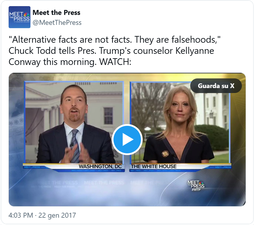 tweet di @MeetThePress del 22 gennaio 2017 con video e testo “Alternative facts are not facts. They are falsehoods,” Chuck Todd tells Pres. Trump’s counselor Kellyanne Conway this morning.