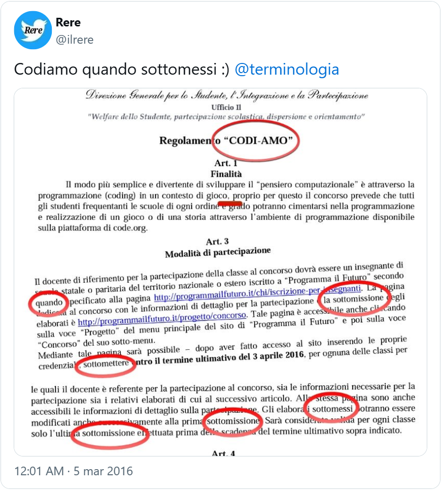 tweet di @ilrere: “Codiamo quando sottomessi” con immagine che mostra documento del MIUR con il “Regolamento CODI-AMO” e articoli del testo in cui sono ricorrenti le parole “sottomissione” e “sottomettere” 