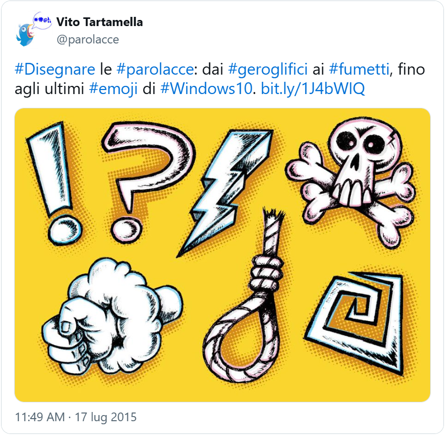 tweet di @parolacce (Vito Tartamella) del 17 luglio 2015 con immagine di “obscenicon” e testo “#Disegnare le #parolacce: dai #geroglifici ai #fumetti, fino agli ultimi #emoji di #Windows1”