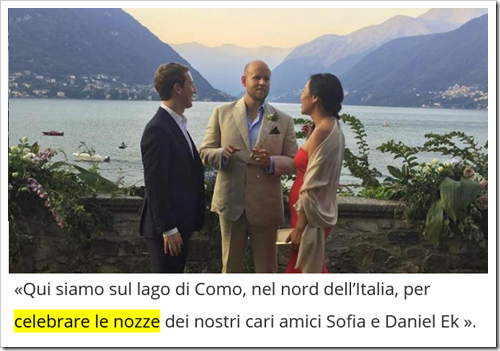 “Qui siamo sul lago di Como, nel nord dell’Italia, per celebrare le nozze dei nostri cari amici Sofia e Daniel Ek.” 