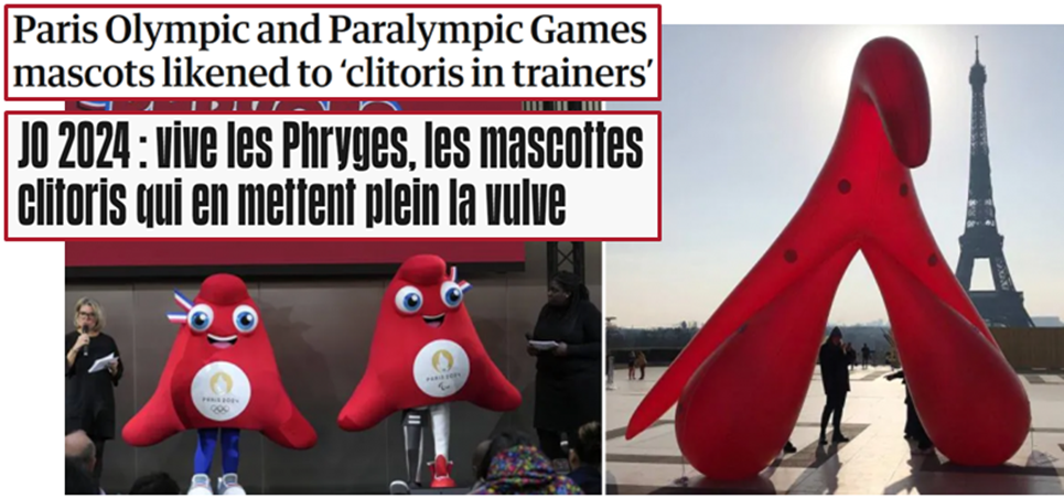 Immagine con titoli in inglese e in francese: 1 Paris Olympic and Paralympic Games mascots likened to “clitoris in trainers”: 2 JO2024: vive les Phryges, les mascottes clitoris qui en mettent plein la vulve