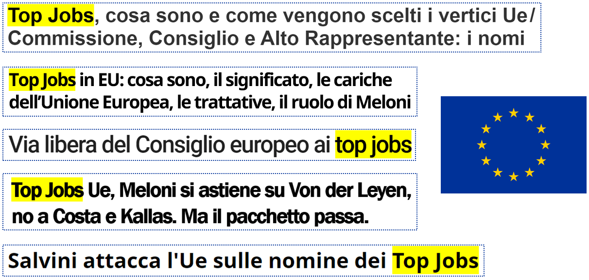 Titoli: 1 Top Jobs, cosa sono e come vengono scelti i vertici Ue, Commissione, Consiglio e Alto Rappresentante: i nomi; 2 Top Jobs in EU: cosa sono, il significato, le cariche dell’Unione Europea, le trattative, il ruolo di Meloni; 3 Via libera del Consiglio europeo ai top jobs; 4 Top Jobs Ue, Meloni si astiene su Von der Leyen, no a Costa e Kallas. Ma il pacchetto passa; 5 Salvini attacca l'Ue sulle nomine dei Top Jobs