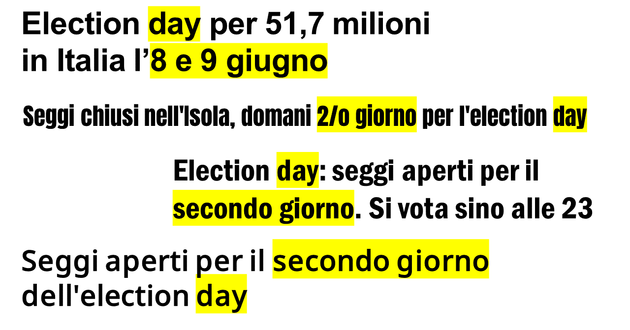 Titoli di media italiani: “Election day per 51,7 milioni in Italia l’8 e 9 giugno”; “Seggi chiusi nell’Isola, domani 2/o giorno per l’election day”; “Election day: seggi aperti per il secondo giorno. Si vota sino alle 23” 