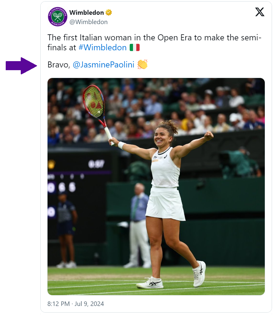 tweet dall’account ufficiale del torneo di Wimbledon del 9 luglio 2024: “The first Italian woman in the Open Era to make the semi-finals at Wimbledon. Bravo, @JasminePaolini”