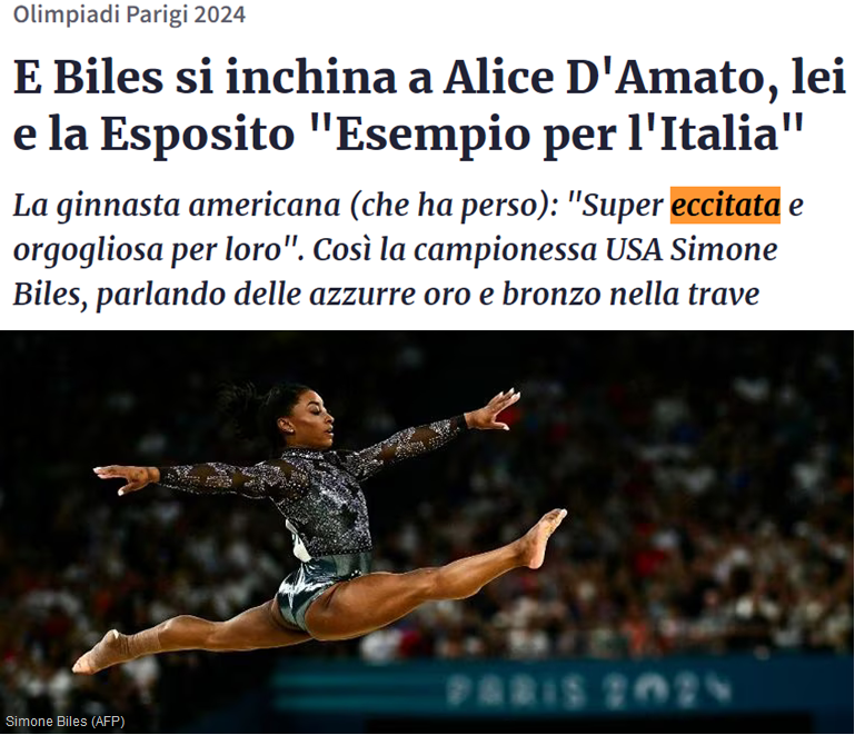 Titolo: Olimpiadi Parigi 2024 Biles si inchina a Alice D’Amato, lei e la Esposito “Esempio per l'Italia”. Sottotitolo: La ginnasta americana (che ha perso): “Super eccitata e orgogliosa per loro”. Così la campionessa USA Simone Biles, parlando delle azzurre oro e bronzo nella trave