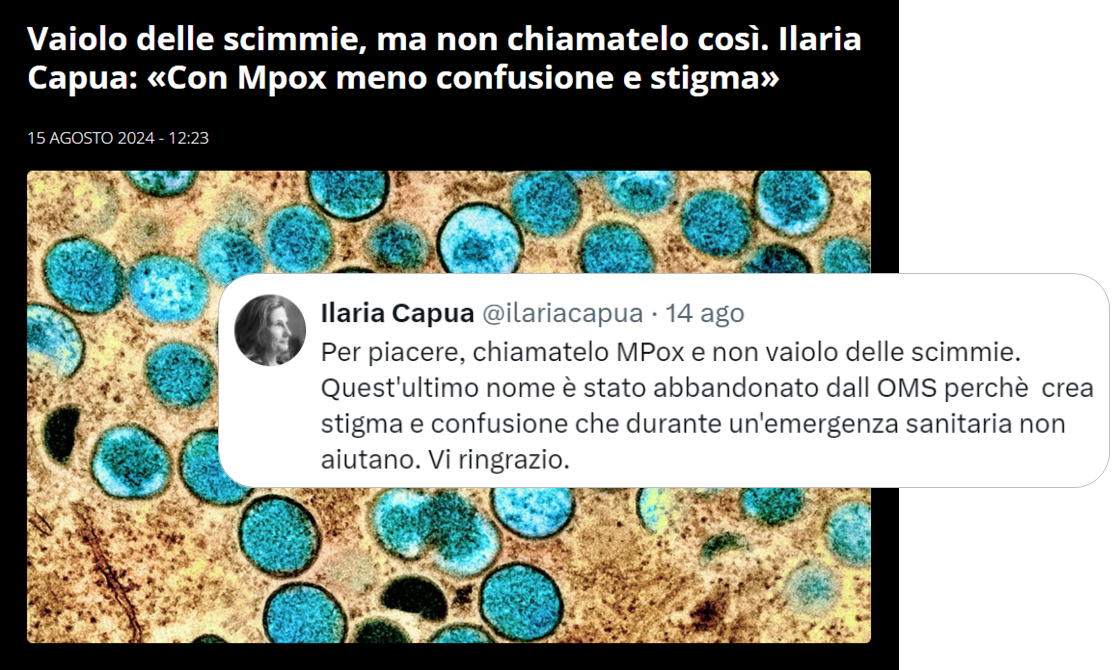 Titolo: Vaiolo delle scimmie, ma non chiamatelo così. Ilaria Capua: “Per piacere, chiametelo MPox e non vaiolo delle scimmie. Quest’ultimo nome è stato abbandonato dall’OMS perché crea stigma e confusione che durante un’emergenza sanitaria non aiutano. Vi ringrazio” 