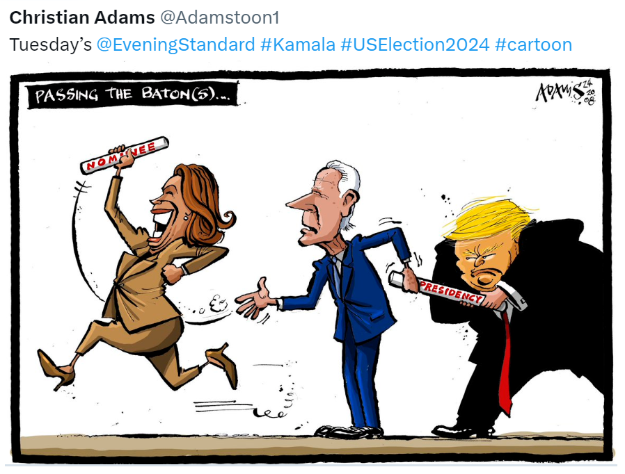 vignetta di Christian Adams in cui si vede Kamala Harris che corre dopo aver preso un testimono con la scritta NOMINEE da Joe Biden, che tiene in mano un altro testimone con la scritta PRESIDENCY che Trump cerca di portargli via