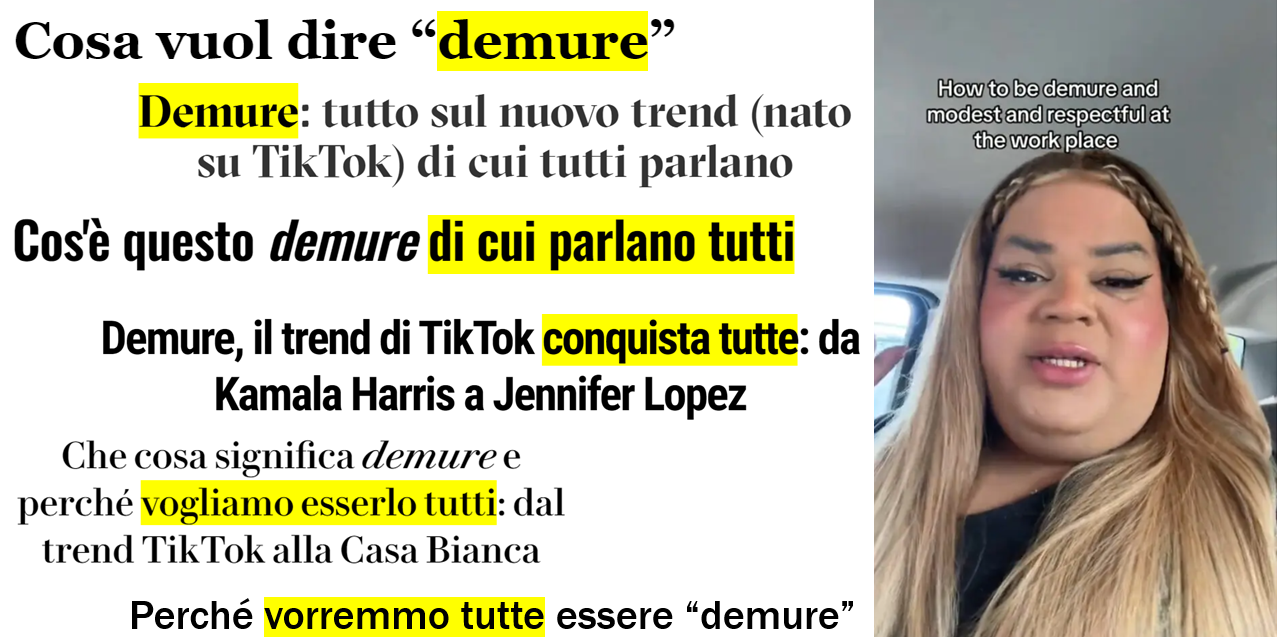 Foto della tiktoker Jools Lebron con didascalia “How to be demure and modest and respectful at the work place”. Titoli italiani: 1 Cosa vuol dire demure; 2 Demure: tutto sul nuovo trend (nato su TikTok) di cui tutti parlano; 3 Cos'è questo demure di cui parlano tutti; 4 Demure, il trend di TikTok conquista tutte: da Kamala Harris a Jennifer Lopez; 5 Che cosa significa demure e perché vogliamo esserlo tutti: dal trend TikTok alla Casa Bianca