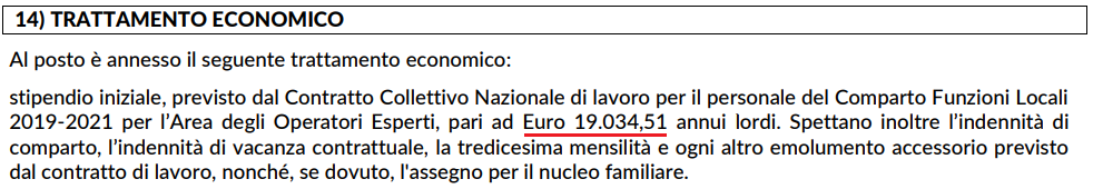 Al posto è annesso il seguente trattamento economico: stipendio iniziale, previsto dal Contratto Collettivo Nazionale di lavoro per il personale del Comparto Funzioni Locali 2019-2021 per l’Area degli Operatori Esperti, pari ad Euro 19.034,51 annui lordi. Spettano inoltre l’indennità di comparto, l’indennità di vacanza contrattuale, la tredicesima mensilità e ogni altro emolumento accessorio previsto dal contratto di lavoro, nonché, se dovuto, l'assegno per il nucleo familiare.