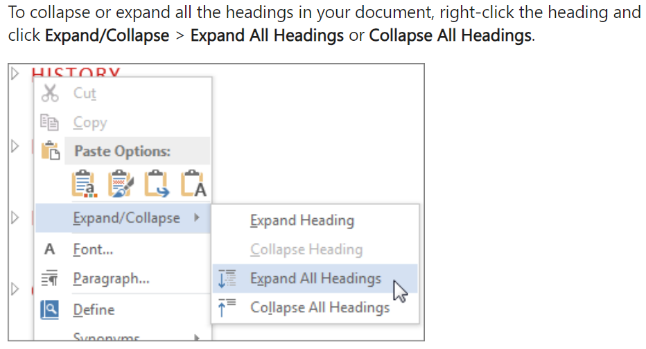 Esempio di interfaccia in inglese e descrizione “To collapse or expand all the headings in your document, right-click the heading and click Expand/Collapse, then Expand All Headings or Collapse All Headings”