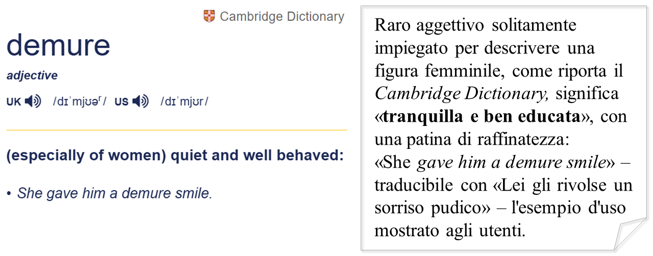 Definizione di demure da Cambridge Dictionary: “(especially of women) quiet and well behaved”. Testo da articolo italiano: “Raro aggettivo solitamente impiegato per descrivere una figura femminile, come riporta il Cambridge Dictionary, significa «tranquilla e ben educata», con una patina di raffinatezza: «She gave him a demure smile» – traducibile con «Lei gli rivolse un sorriso pudico» – l'esempio d'uso mostrato agli utenti”. 