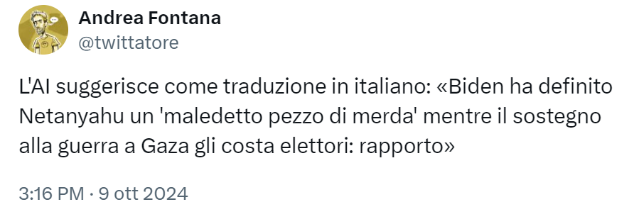 L’AI suggerisce come traduzione in italiano: «Biden ha definito Netanyahu un ‘maledetto pezzo di merda’ mentre il sostegno alla guerra a Gaza gli costa elettori: rapporto»