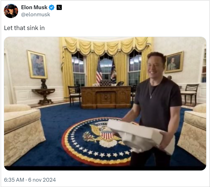 Tweet di Elon Musk con fotomontaggio di lui che entra nello Studio Ovale con un lavandino in mano e la scritta LET THAT SINK IN