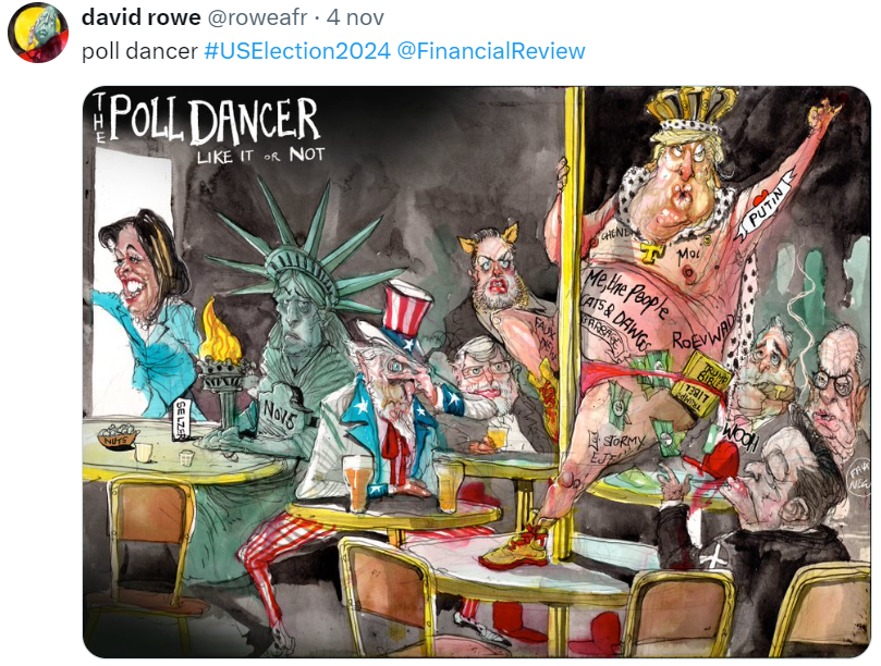 vignetta intitolata The Poll Dancer con caricatura di Trump seminudo che fa pole dancing davanti a vari altri protagonisti e simboli della politica americana