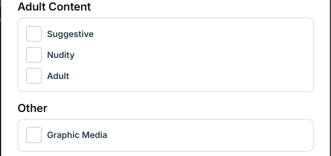 In inglese le 3 opzioni per “Adult Content” sono 1 Suggestive, 2 Nudity, 3 Adult. Per “Other” si può selezionare l’opzione “Graphic Media”