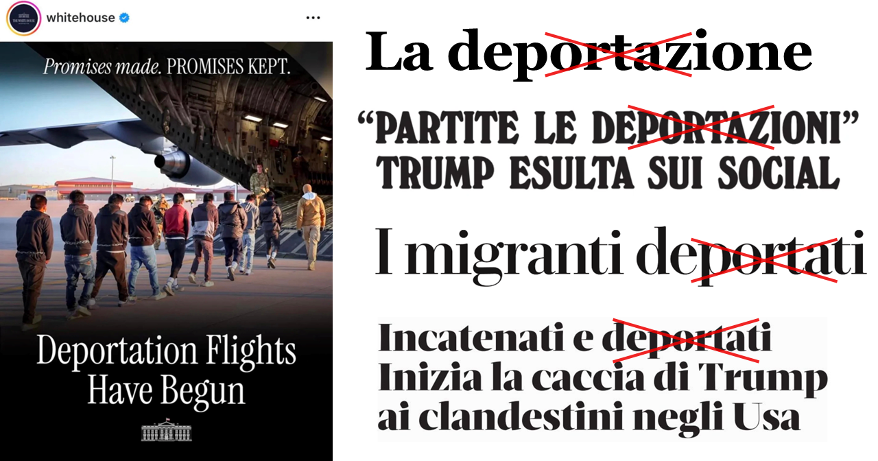 Immagine di uomini in catene che entrano nella stiva di un aereo e testo “Promises made. Promises kept. Deportation Flights Have Begun”. Titoli italiani: 1 La deportazione; 2 Partite le deportazioni, Trump esulta sui social; 3 I migranti deportati; 4 Incatenati e deportati. Inizia la caccia di Trump ai clandestini negli USA