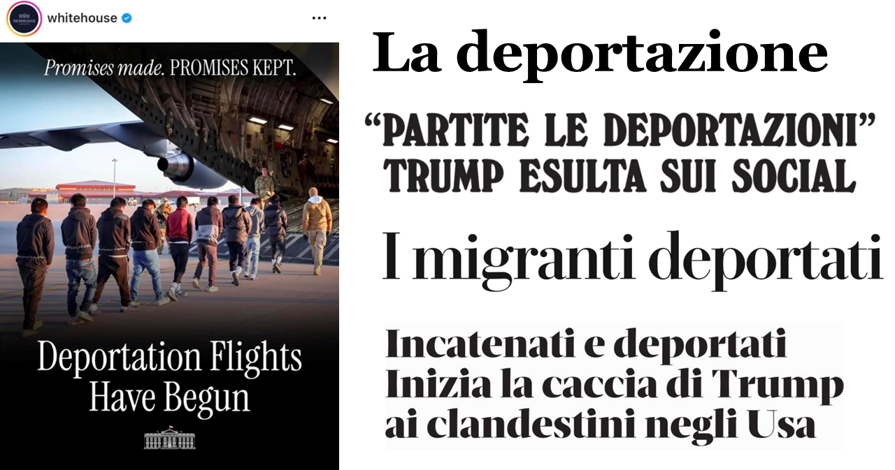 Immagine di uomini in catene che entrano nella stiva di un aereo e testo “Promises made. Promises kept. Deportation Flights Have Begun”. Titoli italiani: 1 La deportazione; 2 Partite le deportazioni, Trump esulta sui social; 3 I migranti deportati; 4 Incatenati e deportati. Inizia la caccia di Trump ai clandestini negli USA