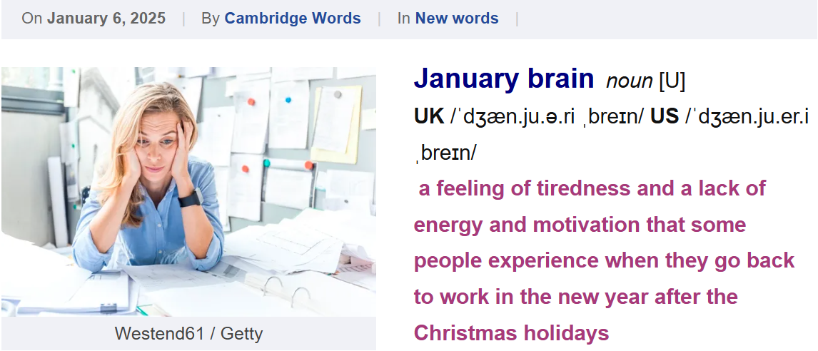 Immagine di donna con la testa tra le mani, seduta a una scrivania piena di fogli, e definizione di January brain: “a feeling of tiredness and a lack of energy and motivation that some people experience when they go back to work in the new year after the Christmas holidays”