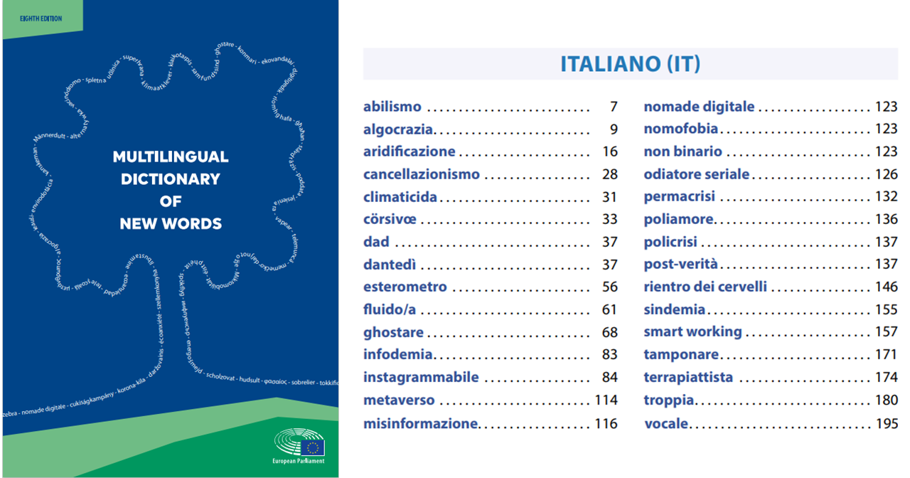 copertina del Multilingual Dictionary of New Words e indice delle 30 parole italiane