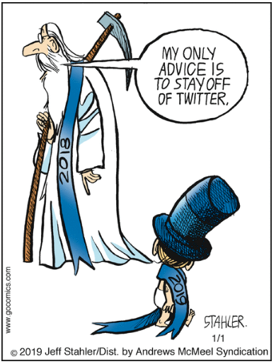 Vignetta in cui l’anno vecchio dice all’anno nuovo MY ONLY ADVICE IS TO STAY OFF OF TWITTER