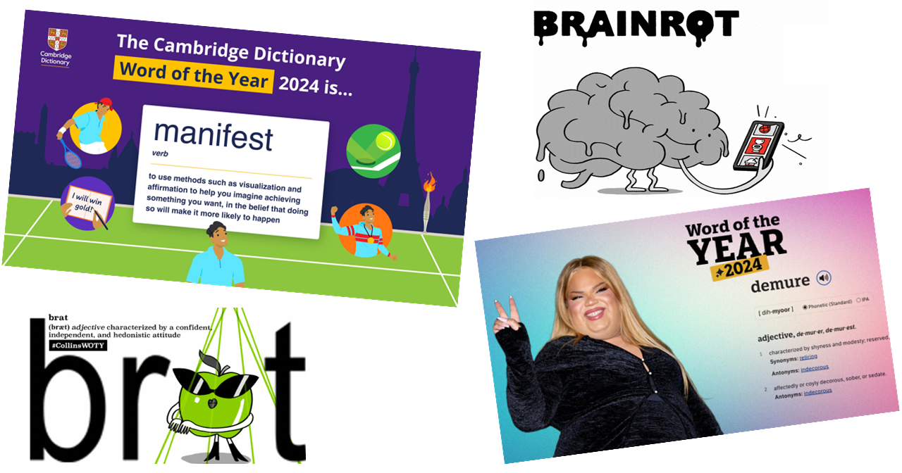 Immagine con parole dell’anno 2024 in inglese: manifest, brat, brain rot, demure