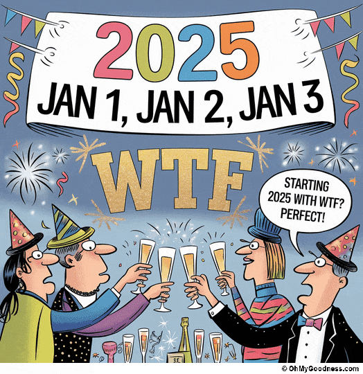 vignetta con persone che brindano per festeggiare il capodanno sotto uno striscione con scritta 2025 e i primi tre giorni della settimana in inglese. Un uomo commenta in inglese: Starting 2025 with WTF? Perfect"