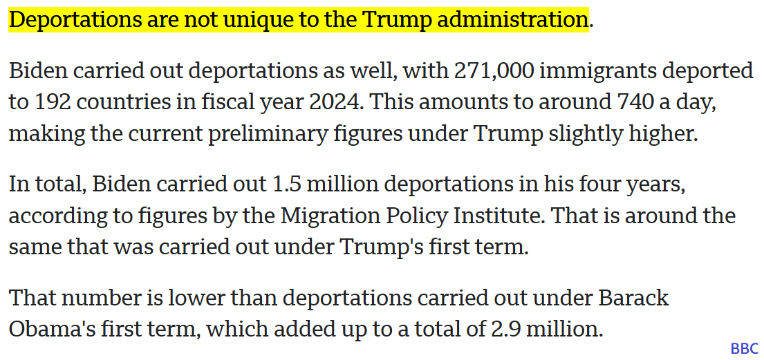 Testo da articolo della BBC del 25 gennaio 2025: “Deportations are not unique to the Trump administration. Biden carried out deportations as well, with 271,000 immigrants deported to 192 countries in fiscal year 2024. This amounts to around 740 a day, making the current preliminary figures under Trump slightly higher. In total, Biden carried out 1.5 million deportations in his four years, according to figures by the Migration Policy Institute. That is around the same that was carried out under Trump's first term. That number is lower than deportations carried out under Barack Obama's first term, which added up to a total of 2.9 million”