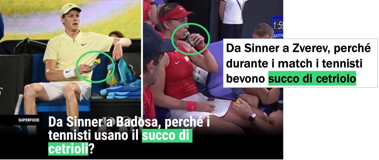 Foto di Jannik Sinner in una pausa durante una partita con in mano una bottiglietta con tappo giallo e titolo "Da Sinner a Badosa, perché i tennisti usano il succo di cetrioli?". Vicino, altro titolo: "Da Sinner a Zverev, perché durante i match i tennisti bevono succo di cetriolo". 