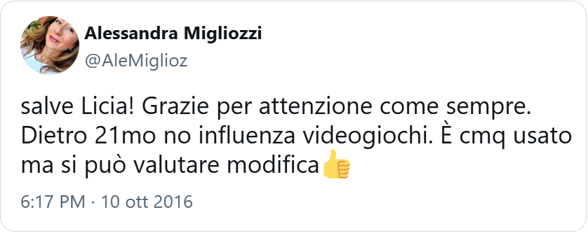 tweet di Alessandra Migliozzi: “salve Licia! Grazie per attenzione come sempre. Dietro 21mo no influenza videogiochi. È cmq usato ma si può valutare modifica”