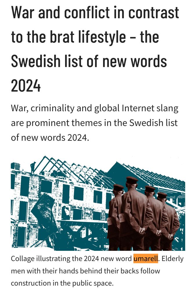 Titolo: “War and conflict in contrast to the brat lifestyle – the Swedish list of new words 2024”. Immagine di umarell con la didascalia “collage illustrating the 2024 new word umarell. Elderly men with their hands behind their backs follow construction in the public space.”