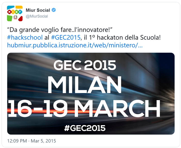 tweet di @MiurSocial del 5 marzo 2025: “Da grande voglio fare… l’innovatore!” #hackschool al #GWC2015, il primo hackaton della Scuola! 