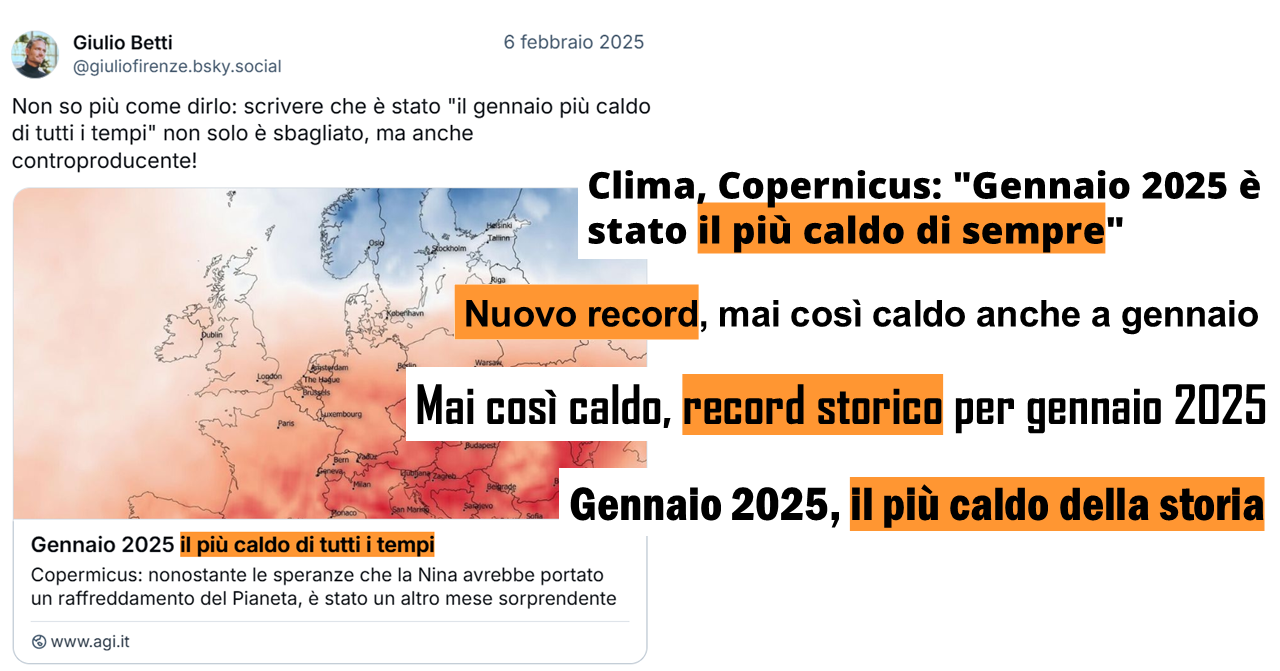 Immagine di carta europea con anomalie termiche e titoli: 1 Clima, Copernicus: “Gennaio 2025 è stato il più caldo di sempre”; 2 Nuovo record, mai così caldo anche a gennaio; 3 Mai così caldo, record storico per gennaio 2025; 4 Gennaio 2025, il più caldo della storia, 5 Gennaio 2025 il più caldo di tutti i tempi