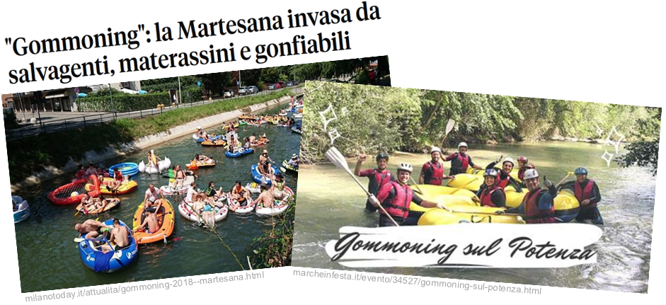 Foto 1 di persone stravaccate su canotti nel naviglio della Martesana a Milano e titolo “Gommoning, la Martesana invasa da salvagenti, materassini e gonfiabili” e foto 2 di gommoni da rafting con persone attrezzate con caschi e giubbotti savagente e didascalia “Gommoning sul Potenza”