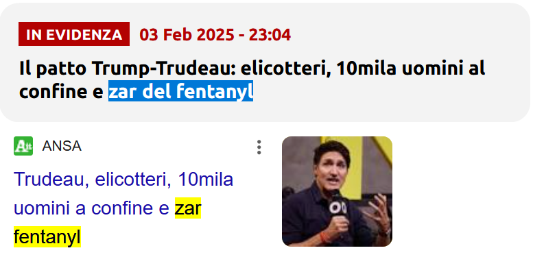 Titolo del 3 febbraio 2025 ore 23:04 “Il patto Trump-Trudeau: elicotteri, 10mila uomini al confine e zar del fentanyl”