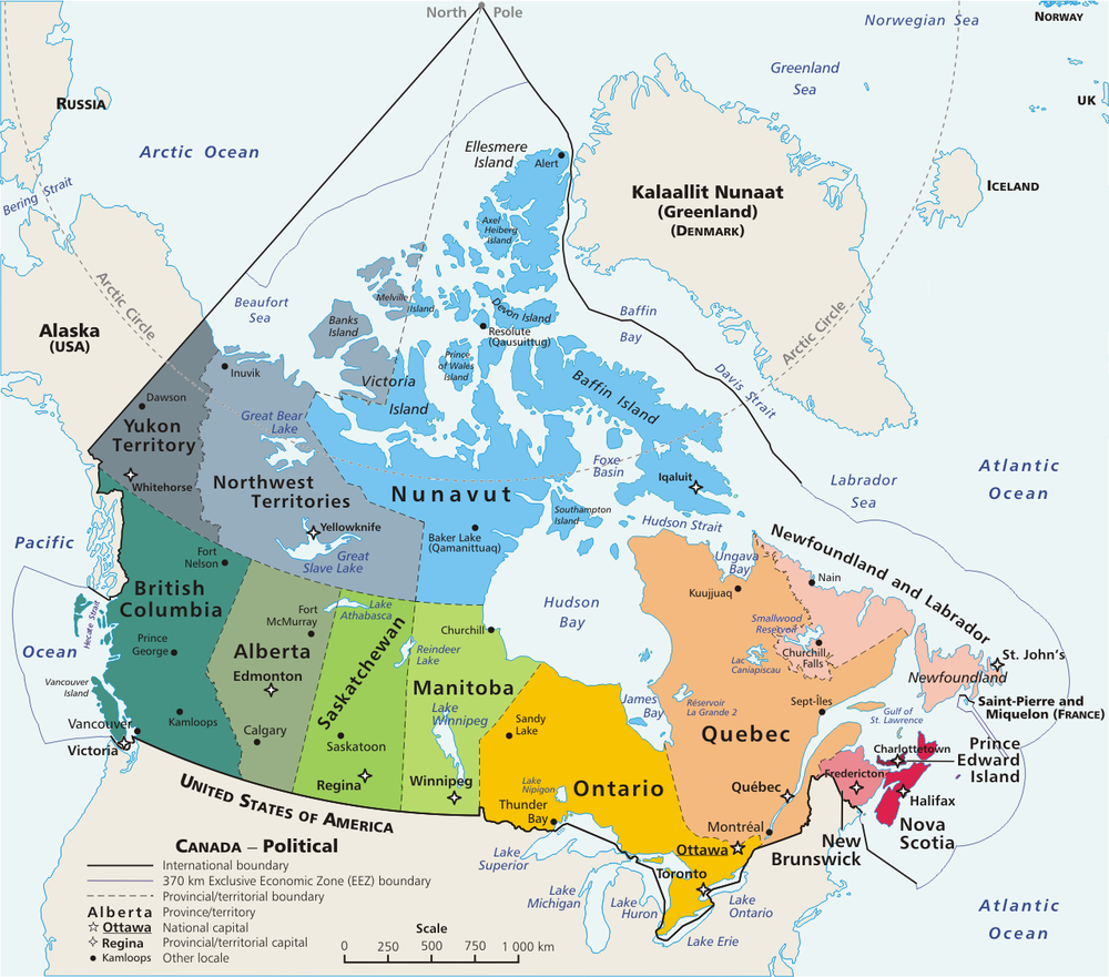 carta geopolitica che mostra le 10 province e i 3 territori del Canada