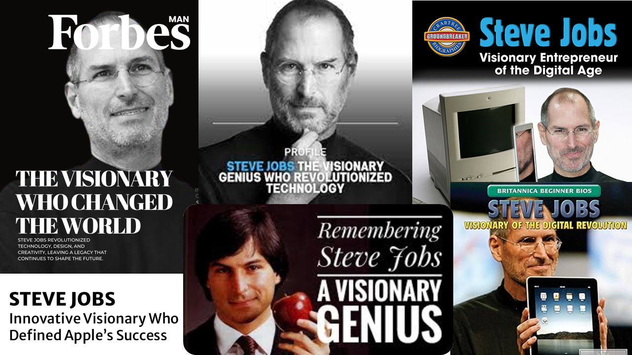 Collage di immagini con titoli di libri e articoli in inglese su Steve Jobs: 1 The Visionary who changed the world; 2 Innovative visionary who defined Apple’s success; 3 The visionary genius who revolutionized technology; 4 Visionary entrepreneur of the digital age: 5 Visionary of the digital revolution