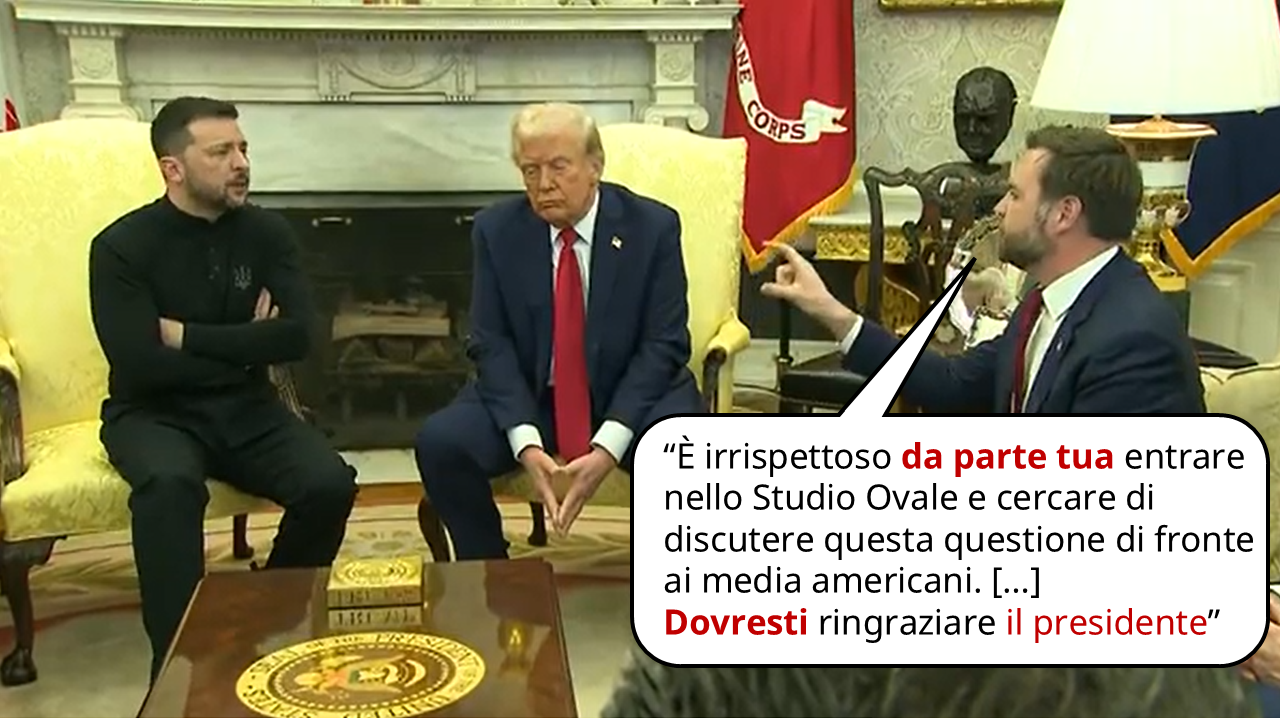 Immagine dall’incontro alla Casa Bianca tra Zelensky, Trump e JD Vance con traduzione di parole di Vance: “È irrispettoso da parte tua entrare nello Studio Ovale e cercare di discutere questa questione di fronte ai media americani. […] Dovresti ringraziare il presidente”