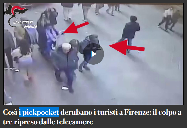 immagine da videosorveglianza di borseggiatori in azione e titolo “Così i pickpocket derubano i turisti a Firenze: il colpo a tre ripreso dalle telecamere”