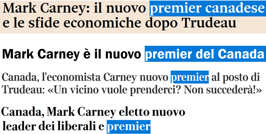 Titoli: 1 Mark Carney: il nuovo premier canadese e le sfide economiche dopo Trudeau; 2 Mark Carney è il nuovo premier del Canada; 3 Canada, l'economista Carney nuovo premier al posto di Trudeau: «Un vicino vuole prenderci? Non succederà!»; 4 Canada, Mark Carney eletto nuovo leader dei liberali e premier