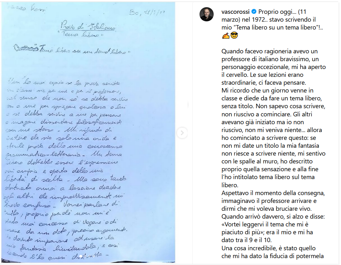 immagine della pagina di Instragram che la foto della prima pagina del tema di Vasco Rossi e il commento del cantante che inizia con “Proprio oggi (11 marzo) nel 1972 stavo scrivendo il mio “Tema libero su un tema libero”!